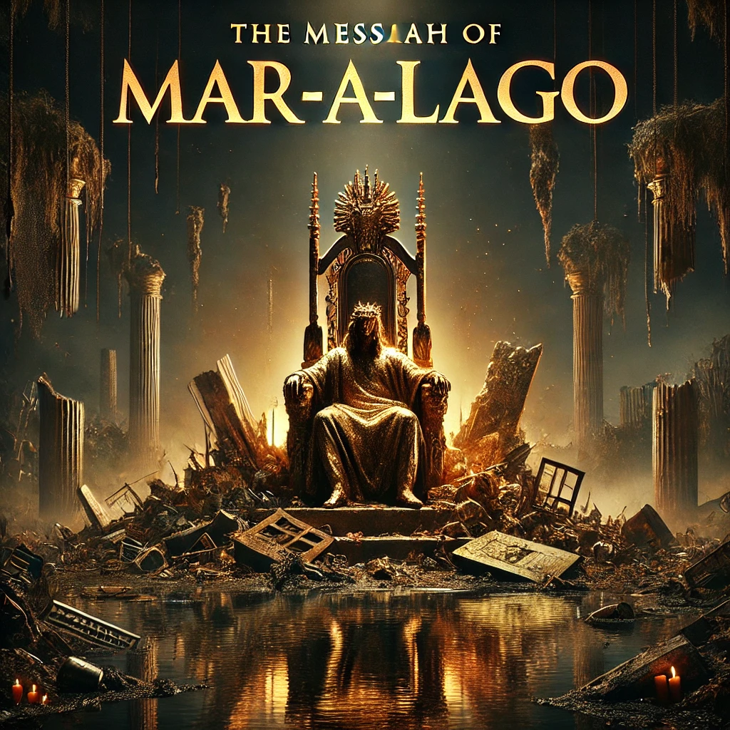 A dramatic scene featuring the Messiah of MaraLago standing on a golden throne surrounded by the ruins of his failed empire The throne is adorned with tarnished gold sitting on piles of broken promises and discarded ideals The background is a decaying swamp with the last light of the sun casting an eerie glow on the ruins Typography for the title is bold shattered fonts symbolizing the fall of authority placed at the top of the image High contrast lighting highlights the grandeur of the figure against the decay around him Color scheme includes muted dark tones and pops of bright gold and orange around the figure