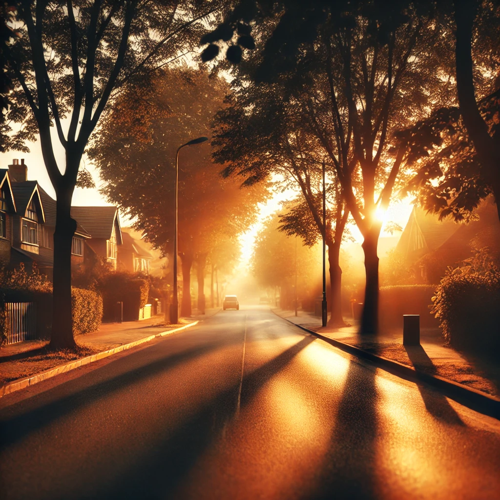 A peaceful suburban street bathed in golden sunlight at dusk with trees lining the road and casting long shadows The scene captures warmth and tranquility with soft light filtering through the trees dappling the road In the distance dark shadows start to creep in from the edges subtly hinting at an approaching threat The focus is on the serene idyllic scene with a warm nostalgic atmosphere