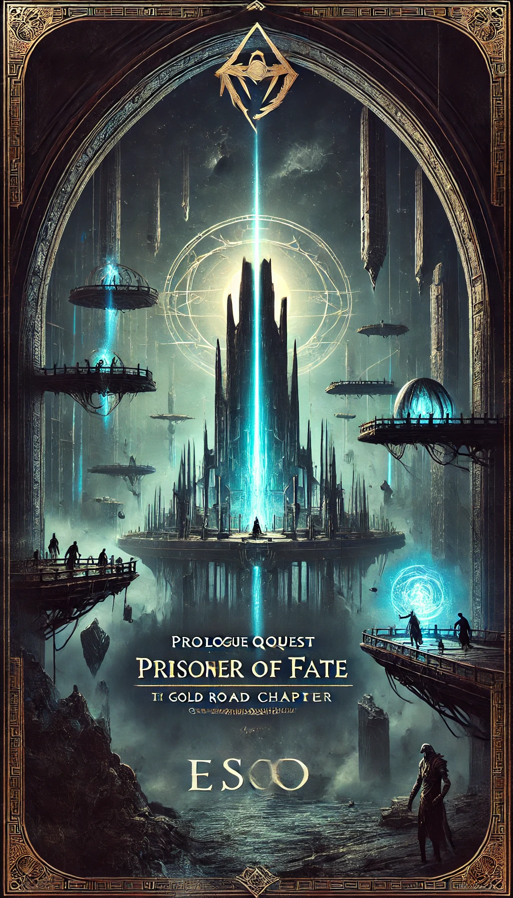 A dark and mystical landscape of floating platforms connected by ancient bridges set in the heart of a deep otherworldly library A towering obelisk shoots a beam of blue light into the sky with shadowy figures battling below Daedric symbols glow faintly in the surroundings Typography in a bold gothic style with the title Prologue Quest Prisoner of Fate  Scions of Ithelia DLC  Gold Road Chapter  ESO