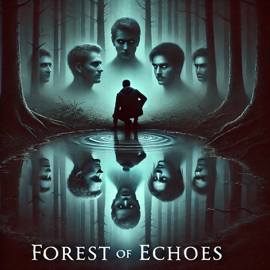 A figure looking into a pool of water in the dark enchanted forest Instead of their reflection ghostly faces of different versions of the figure stare back from the water showing their past and future The forest is quiet with eerie mist floating around the scene The mood is mystical and haunting The text Forest of Echoes is written at the bottom in bold serif font