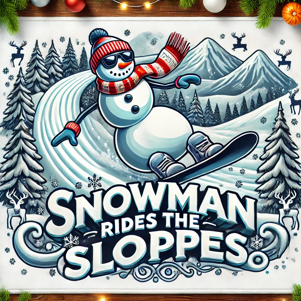 A cool snowman riding a snowboard down a snowy mountain racing with speed and excitement The phrase Snowman Rides the Slopes is integrated into the snowy landscape curving with the slopes with snowflakes flying off the edges In the background festive Christmas trees and reindeer add a whimsical holiday touch to the scene