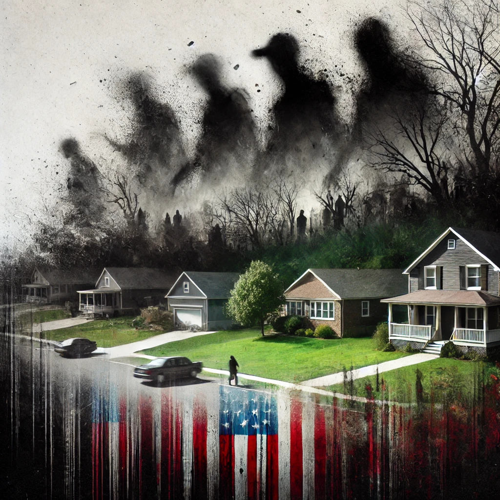 A dark transition scene where shadows grow larger and start consuming a suburban neighborhood The once peaceful homes and lawns are now covered in thick fog and eerie shadowy figures emerge barely visible The edges of the image are darkened and blurred giving a sense of movement and increasing threat Faint text America in Crisis appears crumbling at the bottom with red and black tones dominating the color scheme