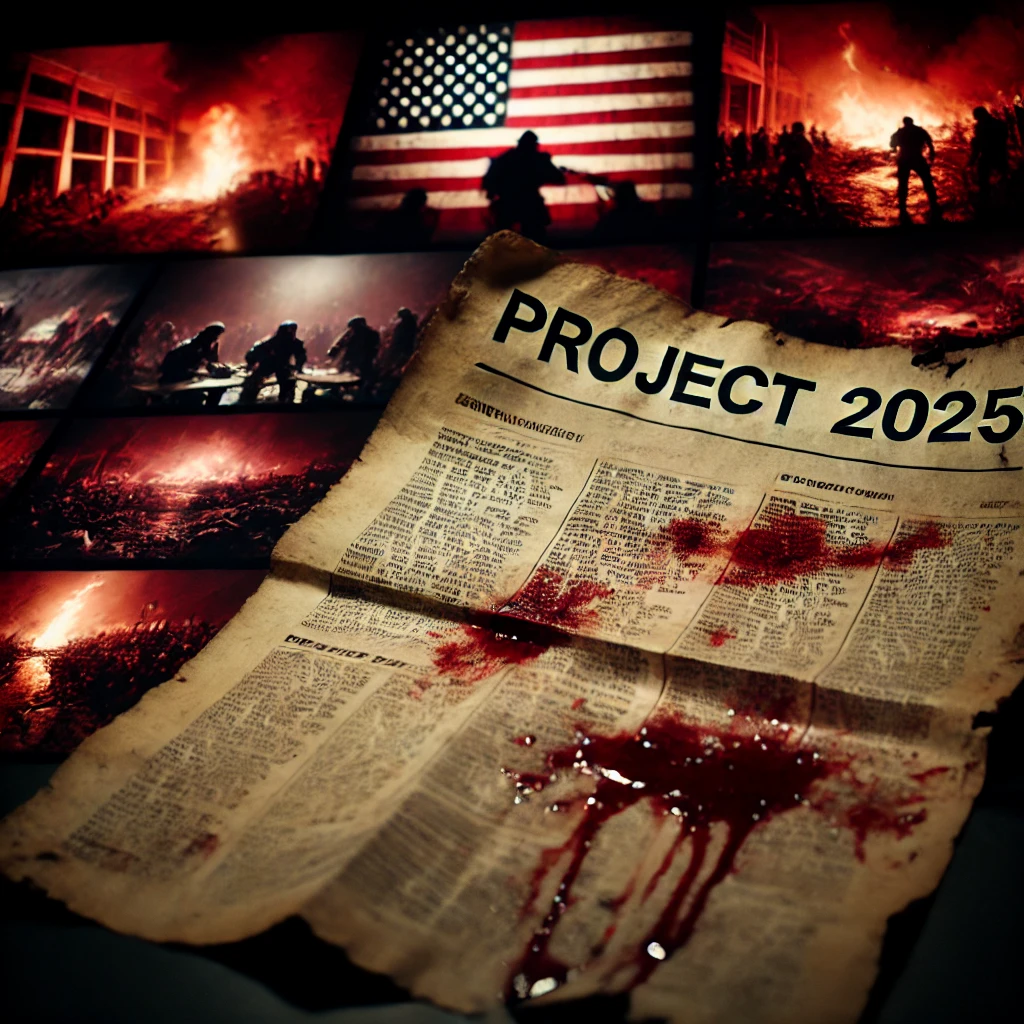 A closeup of a document labeled Project 2025 spread out on a table The edges of the document are frayed with bloodstains smeared across parts of the paper In the background images of chaosburning buildings protests and torn American flagsare barely visible creating a sense of impending destruction Dim harsh lighting focuses on the document casting shadows on the chaotic imagery in the background Dark reds and blacks dominate with faint glimmers of fire and chaos illuminating the background