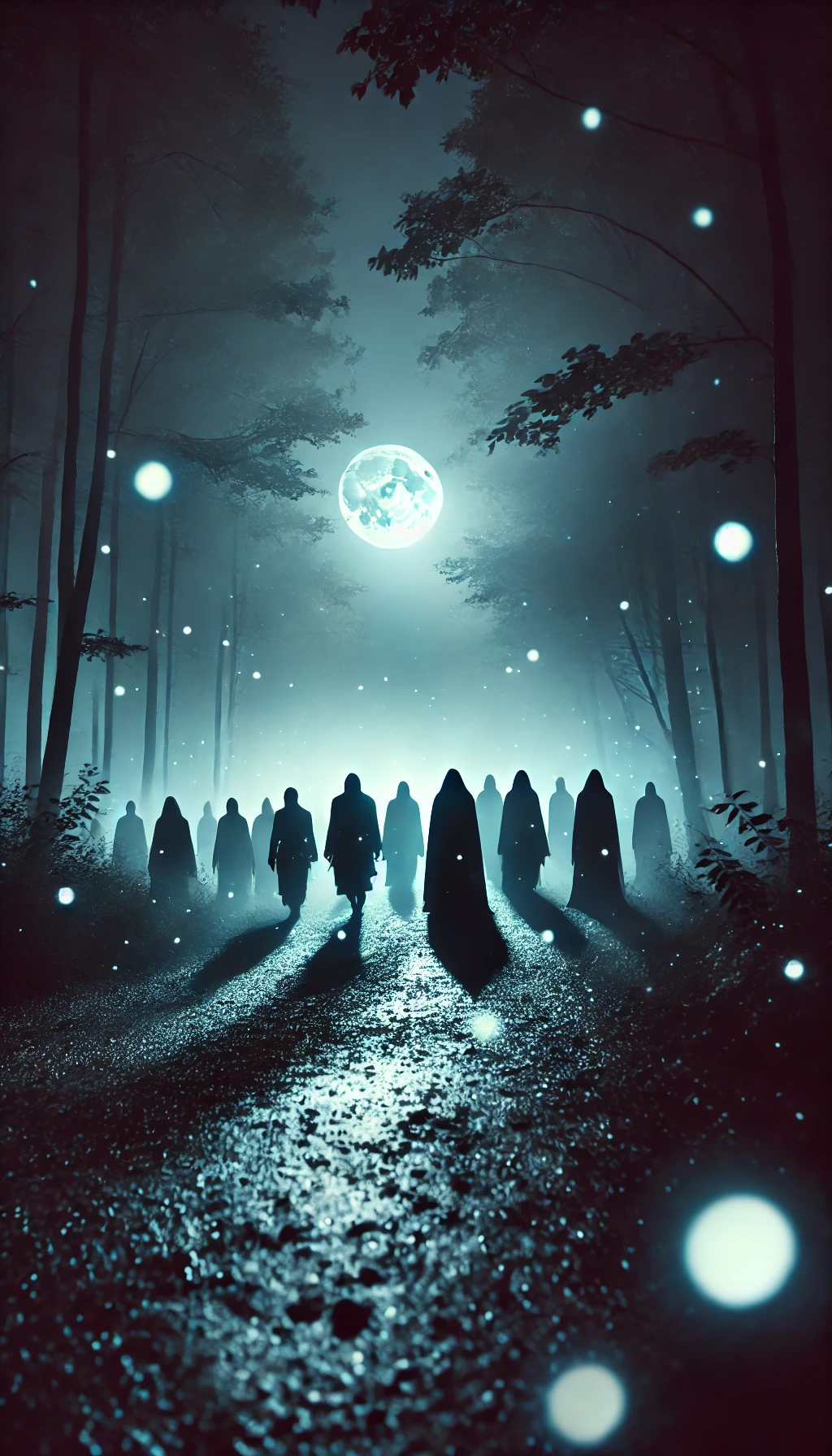 A moonlit forest path dimly lit by scattered fireflies Shadowy figures march forward in the mist their forms blending into the darkness The mood is eerie yet powerful capturing the essence of Marching Shadows No visible faces only silhouettes and flowing robes Lighting from the full moon casts long shadows through the mist with a cool blue and silver color scheme The overall atmosphere feels haunting and mystical