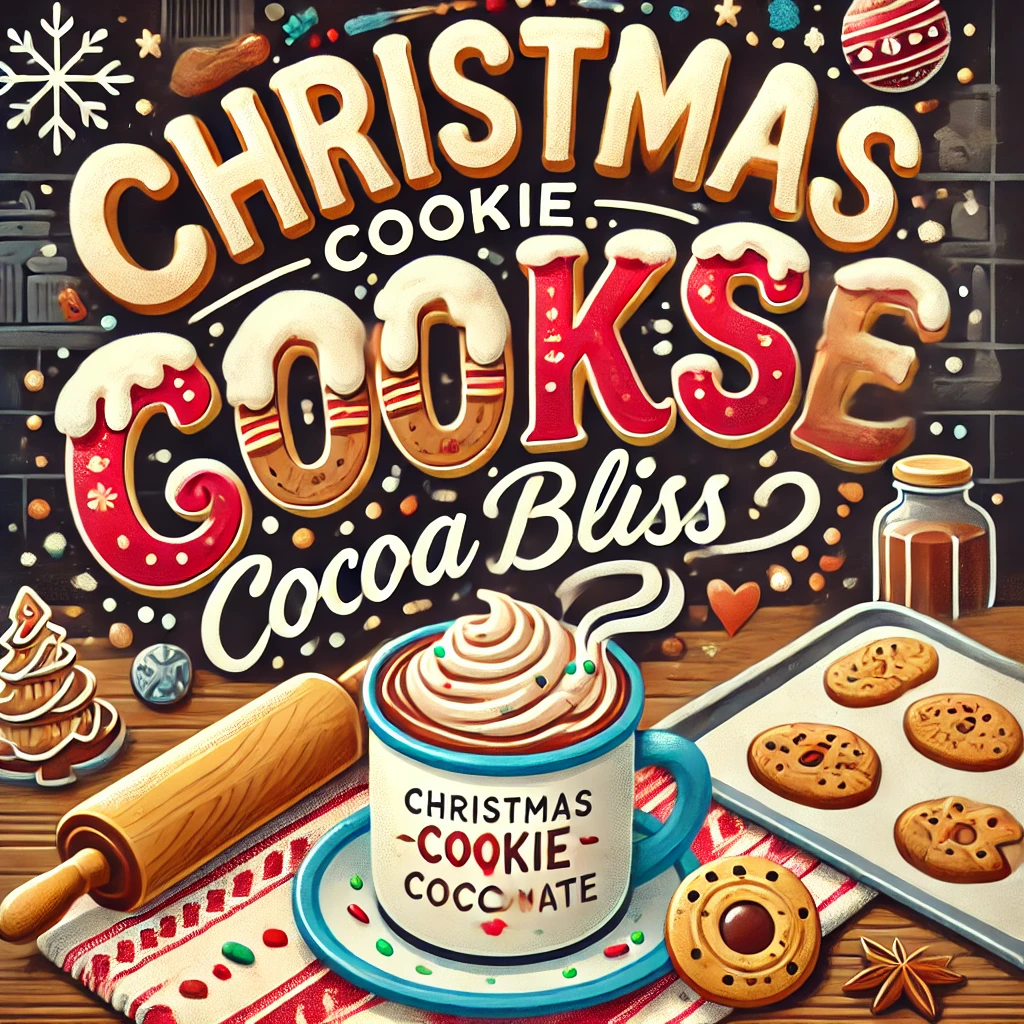A cozy Christmas cookiethemed hot chocolate design Typography reads Christmas Cookie Cocoa Bliss with playful cookieshaped letters decorated with icing and sprinkles The background shows a festive kitchen scene with Christmas cookies a rolling pin and a steaming cup of hot chocolate with a sugar cookie on the side