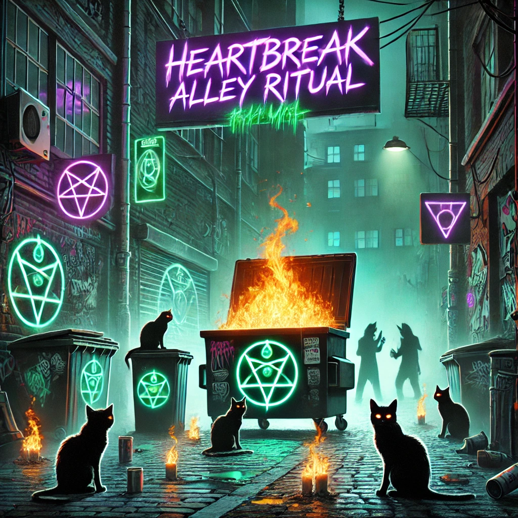 A dark gritty urban alley with neon signs graffiticovered walls and burning dumpsters TrashCats gather around a flaming dumpster with occult symbols drawn on the trash cans Glowing neon graffiti says HeartBreak Alley Ritual in jagged bold green and purple The alley is filled with mystical energy with shadowy figures in the background Black cats with glowing eyes line the street The scene is rebellious and filled with dark magic