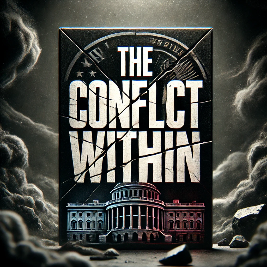 A dark and moody typography cover titled The Conflict Within set against a background of shadowy swirling clouds and fractured government symbols The text is bold cracked and authoritative positioned prominently in the center The lighting is eerie and contrasts sharply creating a foreboding atmosphere The color scheme is muted with dark tones of gray and black complemented by faint red and blue highlights symbolizing political tension