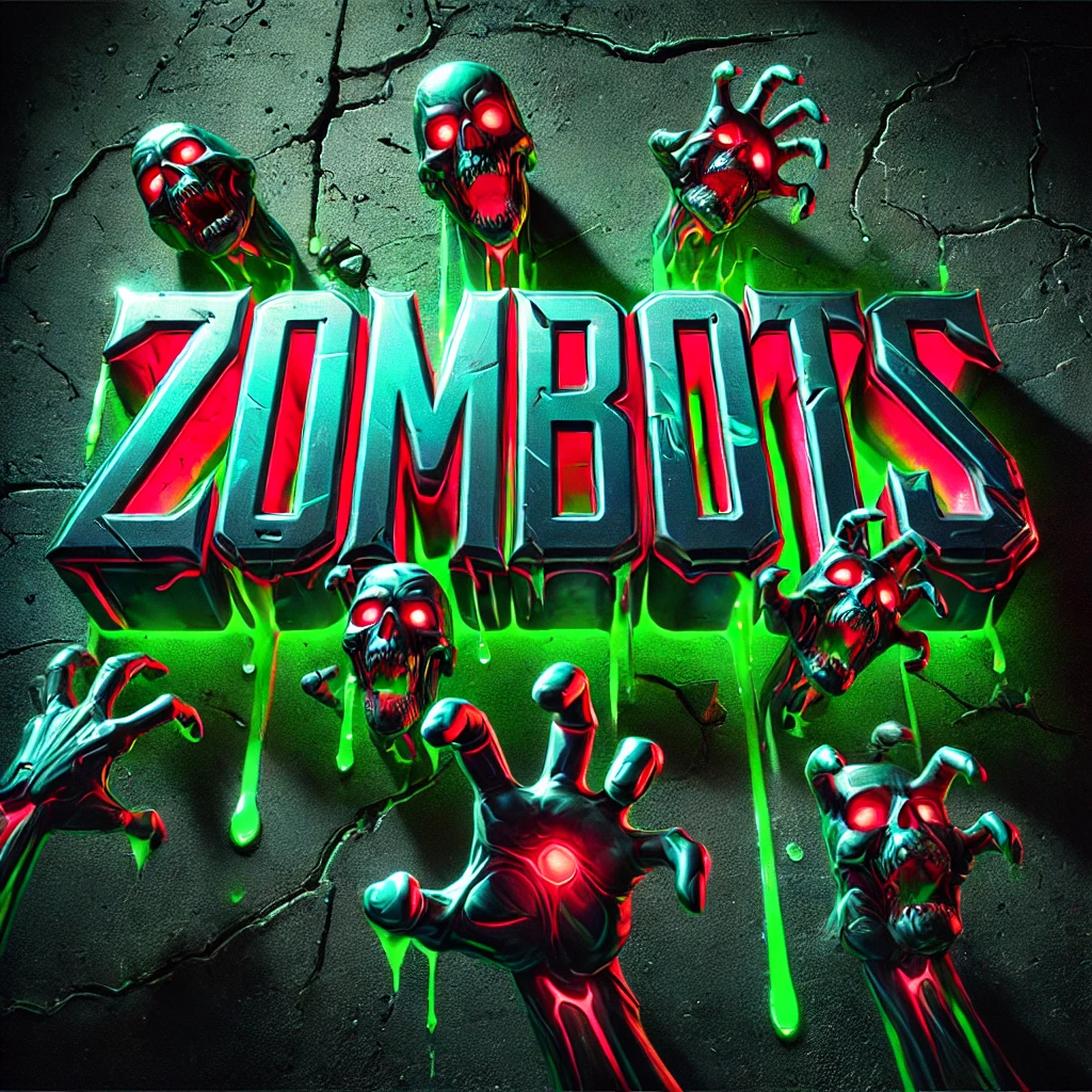 A vibrant moody typography design for the YouTube channel ZOMBOTS The letters ZOMBOTS should be bold metallic and dripping with neon green and red accents Surrounding the text are menacing zombie figures reaching out with glowing red eyes The background is dark cracked concrete with eerie green light emanating from beneath the cracks The typography should be dynamic and intense fitting the theme of zombies and futuristic technology