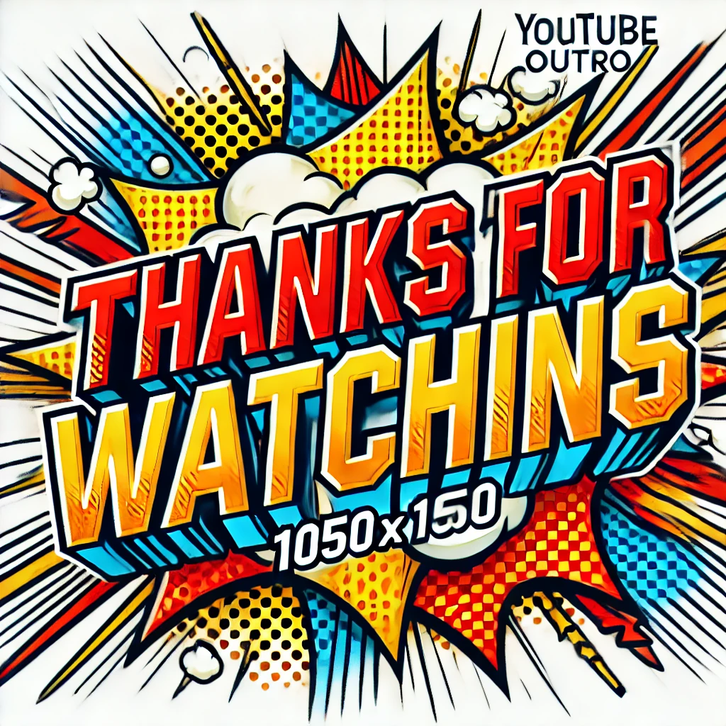 Create a 1050x1050 3D design in a bold comic book graphic novel font and style The design is for a YouTube outro featuring the text Thanks for Watching with dynamic lines and vibrant colors The style should have a handdrawn comic book feel with bright reds yellows and blues and less plasticlooking textures The text should pop out of a background that resembles comic book panels with action lines and a retro effect keeping the look energetic and fun