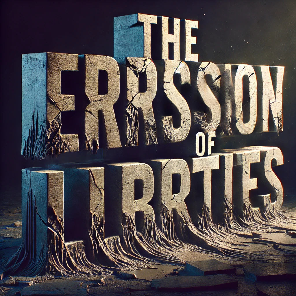 A powerful typographic image titled The Erosion of Liberties The text is bold and authoritative with a crumbling decaying effect symbolizing the gradual loss of freedoms The background is dark and moody with subtle cracks and shadows creeping into the edges reflecting the concept of erosion The font is sharp and angular and the lighting casts a soft glow on the text creating a stark contrast against the dark background The scene evokes a sense of urgency and importance emphasizing the fragility of liberties in the face of authoritarian threats
