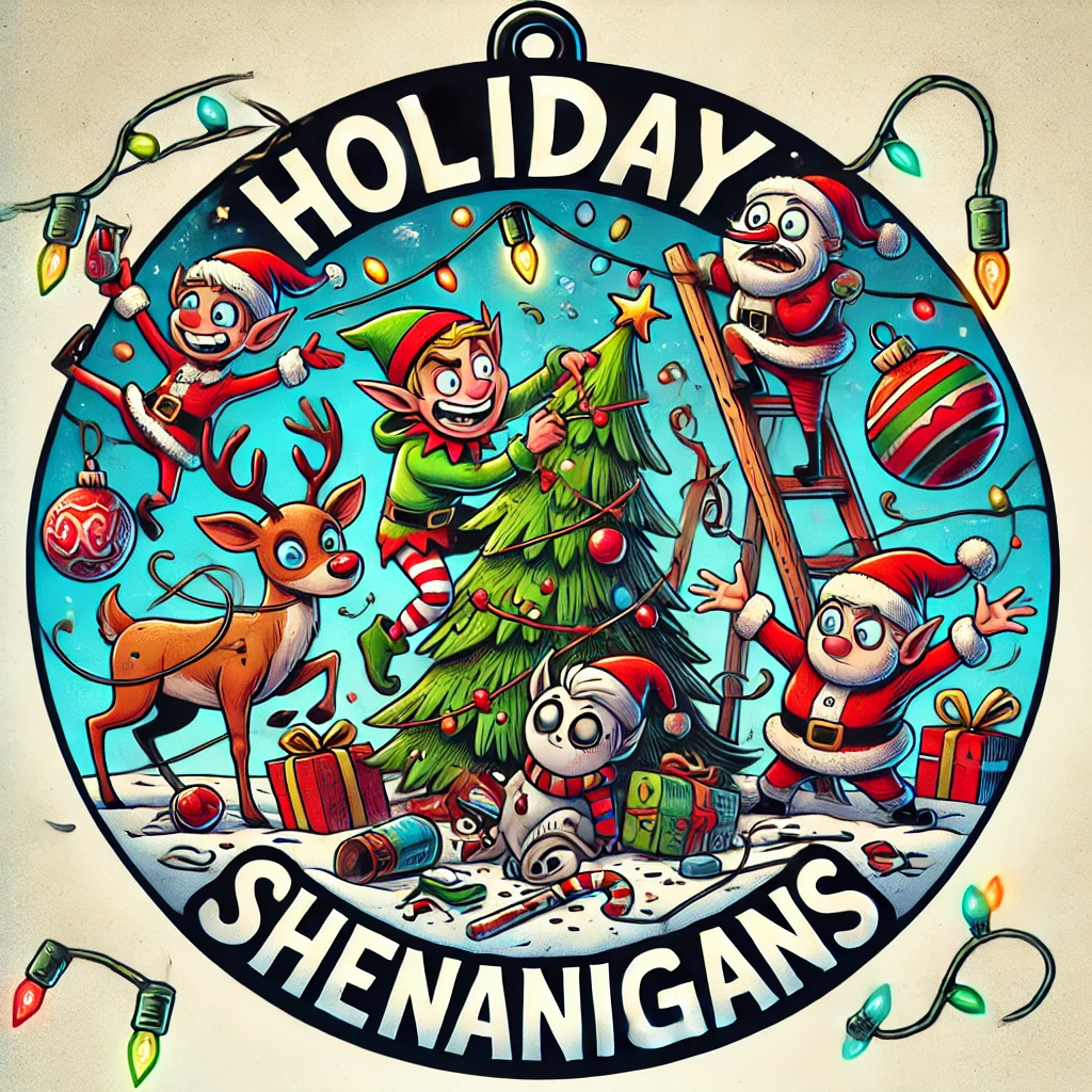 A chaotic circular ornament design featuring holiday characters like reindeer elves and snowmen getting into mischievous antics Presents are being knocked over lights are tangled and one character is trying to fix a mess while another looks guilty The phrase Holiday Shenanigans is written above in fun energetic font The scene is lively and contained within the circular frame