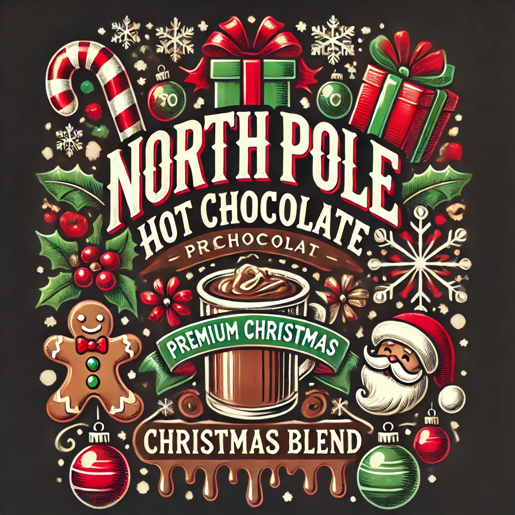 A holidaythemed hot chocolate design in the style of North Pole Hot Chocolate Premium Christmas Blend featuring festive elements like gingerbread men candy canes Christmas ornaments and hot chocolate mugs The central text reads North Pole Cocoa in bold vintage typography with a glossy raised effect The design includes dripping chocolate at the top and presents holly leaves and snowflakes scattered around The color scheme is rich with reds greens and white creating a joyful warm Christmas feel