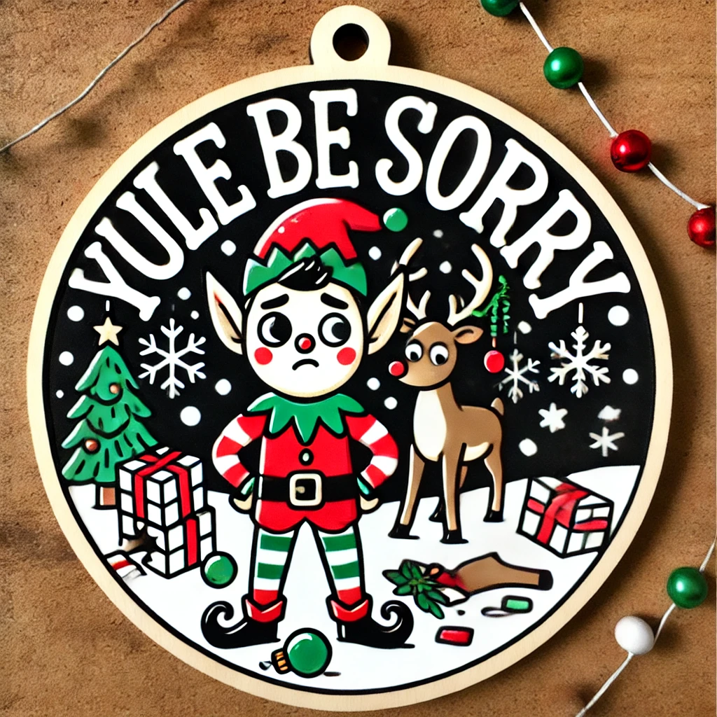 A mischievous circular ornament design featuring an elf or reindeer caught in the middle of a prank The character is standing beside toppled gifts or broken ornaments looking guilty but cheeky The phrase Yule Be Sorry is written above in playful bold font The scene is framed by snowflakes and Christmas garlands all contained within the circular frame