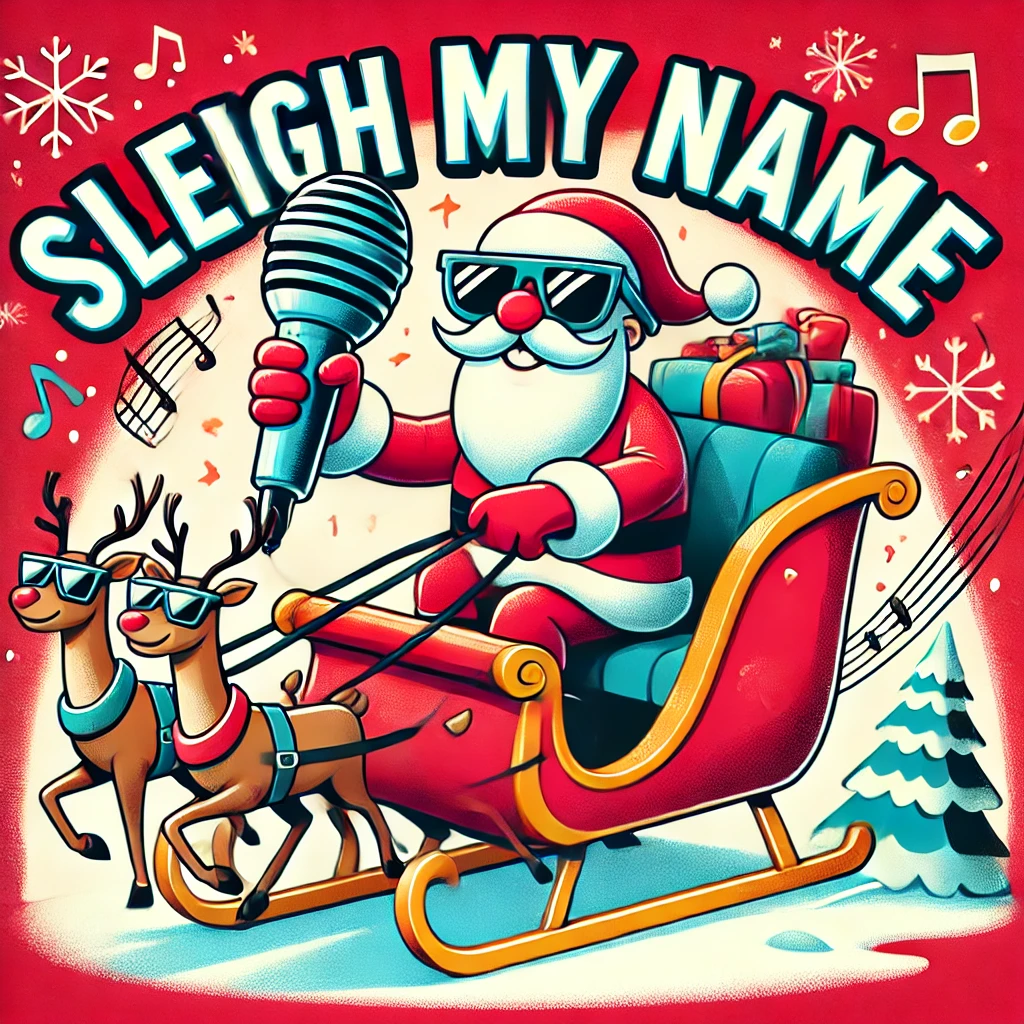 Santa driving a sleigh shaped like a microphone with reindeer wearing cool sunglasses The phrase Sleigh My Name is written in bold playful typography The scene is fun and musical with vibrant holiday elements like snowflakes musical notes and a festive background