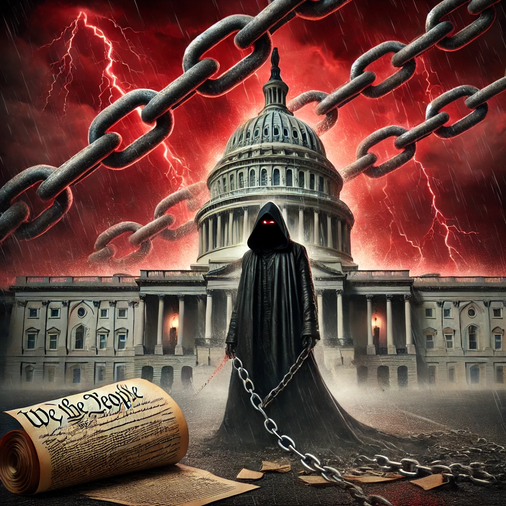A dark foreboding figure stands in the shadow of the Capitol building which is wrapped in thick iron chains The figures face is obscured by a hood and red lightning cracks behind it illuminating a stormy sky The Capitol is crumbling under the weight of the chains symbolic of authoritarian control and the erosion of democracy In the foreground broken pieces of the Constitution lie scattered across the ground The air is heavy filled with the tension of looming chaos