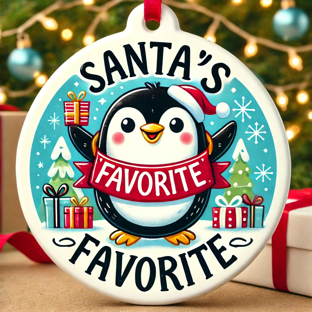 A cheerful circular ornament design featuring an excited penguin wearing a Santas Favorite sash The penguin is standing next to a mountain of wrapped presents with holiday lights twinkling in the background The phrase Santas Favorite is written in playful festive typography all contained within the circular frame
