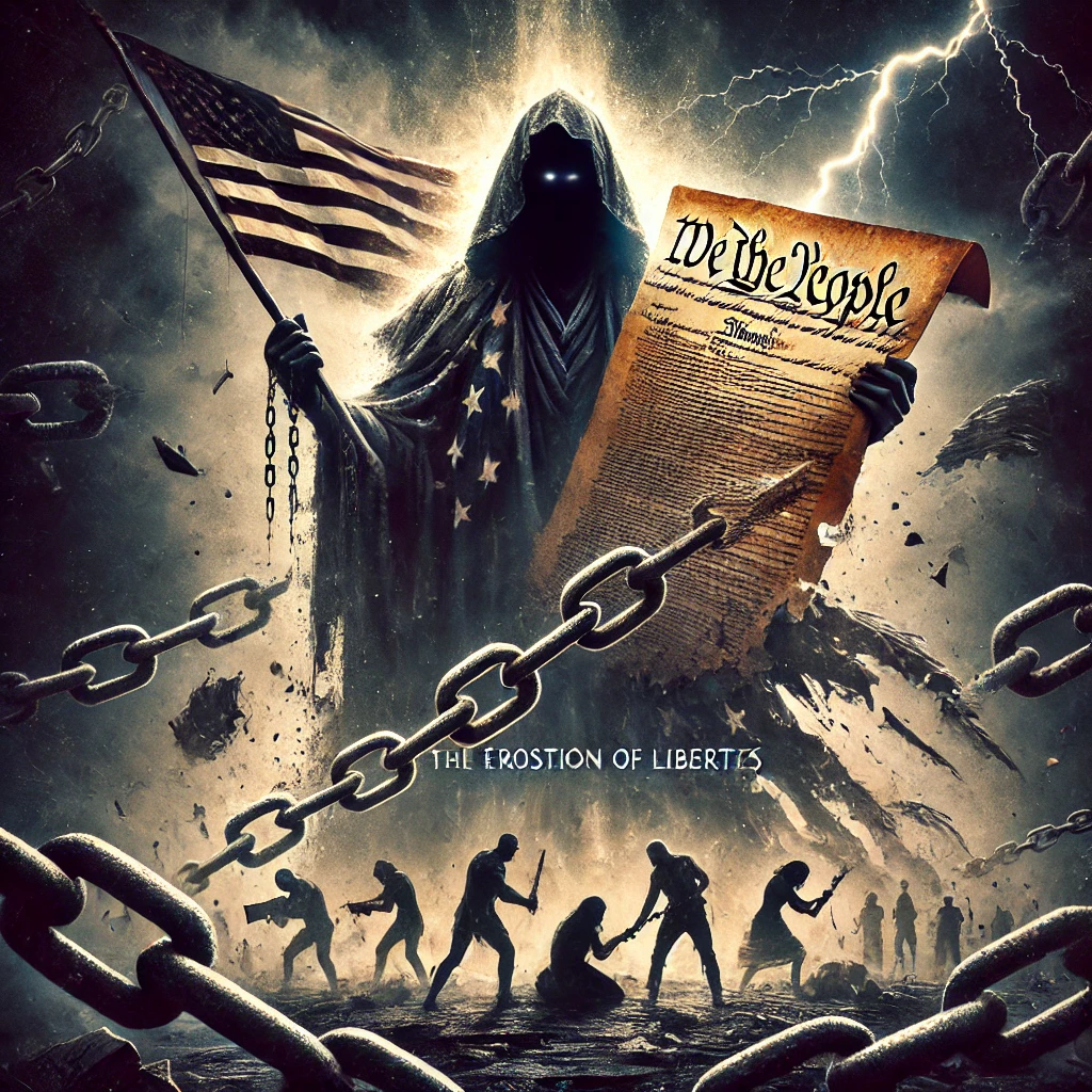 A powerful and dark image titled The Erosion of Liberties The scene shows a towering figure shrouded in shadows holding a crumbling document representing the Constitution Around the figure chains bind groups of people symbolizing the erosion of their freedoms The background is a stormy sky with lightning casting an ominous glow over the scene The American flag is tattered and fading blending into the darkness The typography The Erosion of Liberties appears cracked and worn placed at the bottom of the image in bold but fading text