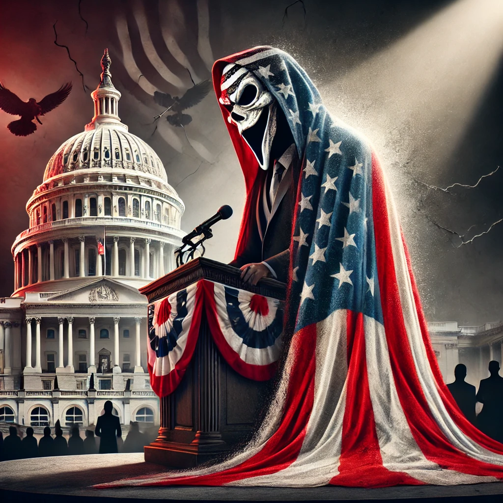 A powerful figure stands on a podium draped in an American flag The left side of their face is shown with a grim skeletal mask symbolizing the hidden threat beneath the facade of patriotism The government building behind them is cracked signifying the decay of democratic values The flag looks torn in places The background is dark with shadowy figures in the distance hinting at hidden agendas Spotlight illuminates the masked figure while the skeletal face remains in shadow Muted reds whites and blues dominate the scene with dark gray and black undertones