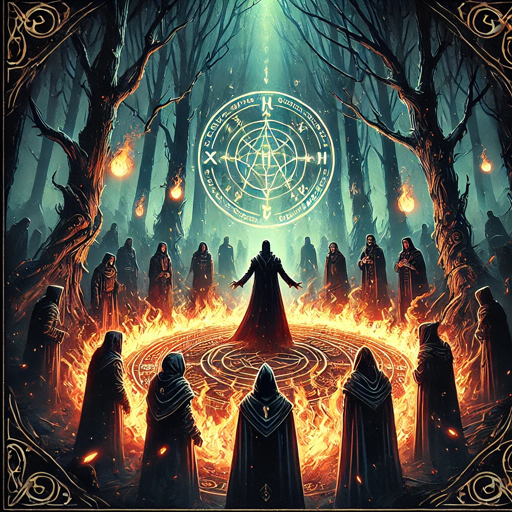 A sorcerer standing in a circle of fire surrounded by shadowy figures in a dark enchanted forest The forest twists and distorts as the trial intensifies with glowing runes floating in the air above the fire The atmosphere is intense and magical with deep shadows and bursts of light from the flames Gothic typography in the corner reads The Sorcerers Trial