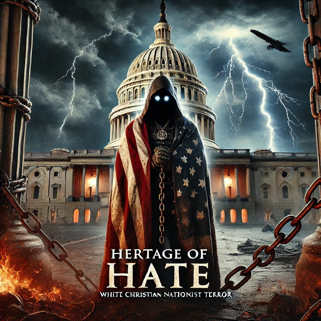 A powerful cover image with dark moody aesthetics A figure draped in a tattered American flag stands in front of the US Capitol building which is chained and crumbling In the background lightning strikes the sky and dark clouds swirl menacingly The figures eyes glow ominously from under the hood and the ground beneath them is cracked and burning with embers of red and orange At the bottom bold typography reads Heritage of Hate White Christian Nationalist Terror in cracked authoritative font The lighting is harsh and the atmosphere foreboding with strong contrasts between light and shadow