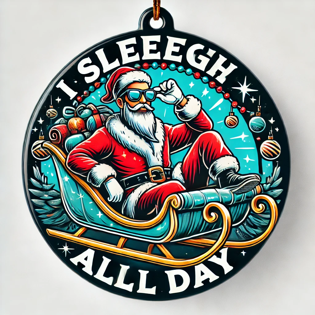 A cool and stylish circular ornament design featuring Santa confidently leaning back in his sleigh wearing sunglasses The sleigh is surrounded by glitzy holiday decorations and the phrase I Sleigh All Day is written in bold stylish letters above The scene is fun confident and festive fully contained within the circular frame