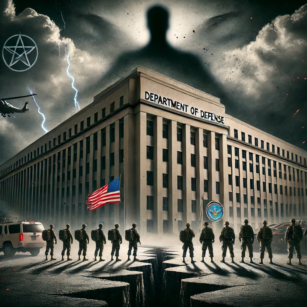 A powerful and dark image titled The Challenge of Defense The image depicts the Department of Defense building shadowed by dark clouds symbolizing political turmoil and internal challenges Soldiers stand in formation but there are cracks in the ground beneath them representing the instability caused by social engineering and recruitment issues In the background a shadowy figure looms representing external threats like China Patriotic symbols like the American flag are present but slightly torn reflecting the tension between patriotism and political agendas The mood is somber with muted colors and sharp contrasts emphasizing the gravity of the situation
