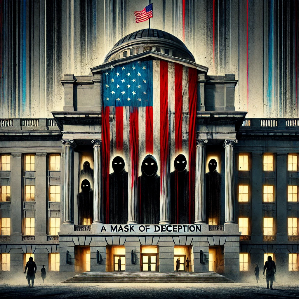 A government building with an American flag prominently displayed The front of the building is crumbling revealing dark shadowy figures lurking behind the facade The shadowy figures are vague unsettling and hidden in partial darkness symbolizing a hidden threat The scene is lit dramatically with the foreground brightly lit while the interior behind the crumbling exterior is cast in eerie shadows The flag appears worn and tattered symbolizing decay The typography reads A Mask of Deception in bold sharp letters placed at the top right corner