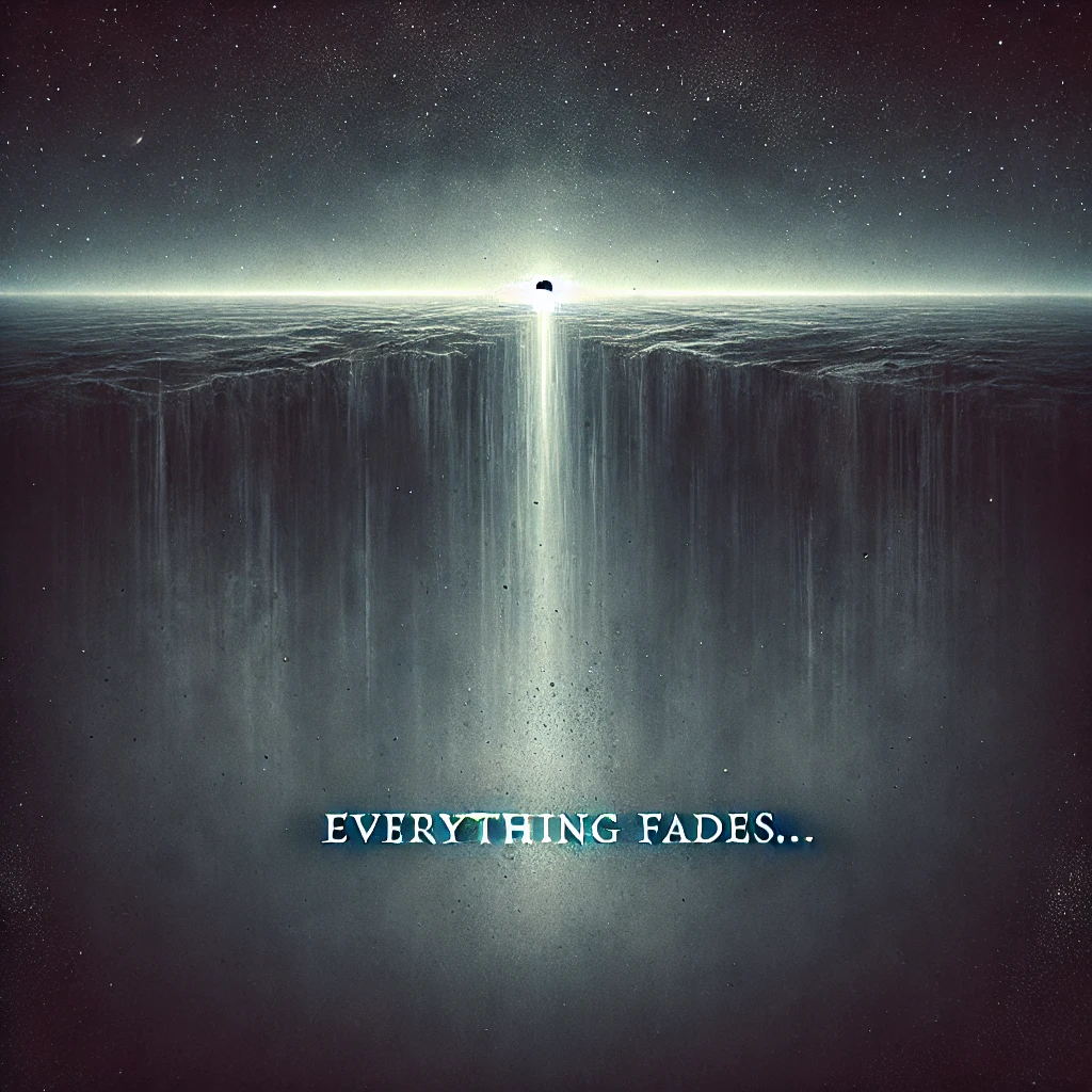 A deep dark abyss stretches across the bottom of the scene fading into nothingness Above it faint beams of light are barely visible symbolizing the last vestiges of hope Text in a faded script reads Everything fades placed in the lower left corner sinking into the darkness The lighting gradually fades from light to dark with colors transitioning from soft grays to deep black The atmosphere is heavy and foreboding conveying a sense of inevitable decline