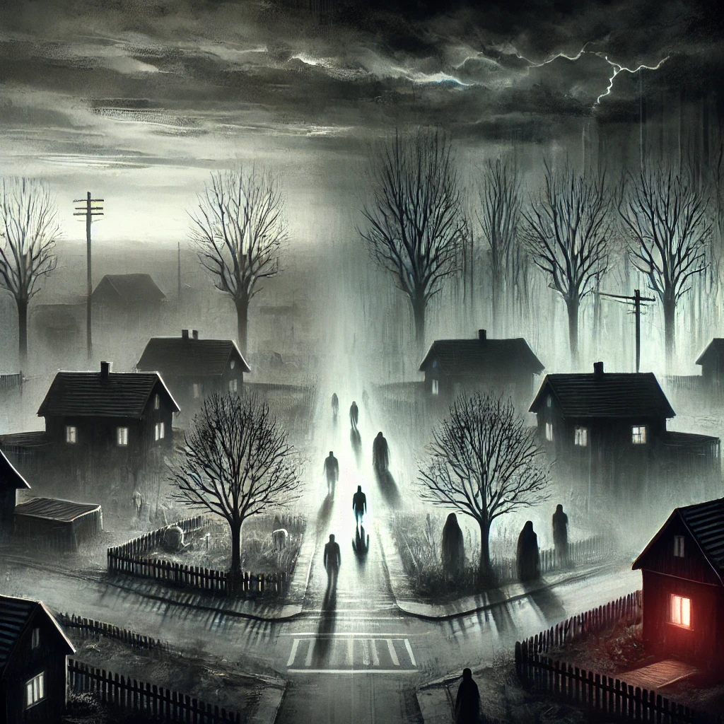 A darkened suburban neighborhood now covered in ominous shadows with figures lurking in the fog The once peaceful houses and streets now appear eerie and unsettling The sky is a mixture of grays and blacks with storm clouds swirling ominously There are faint flickers of red light symbolizing danger on the horizon The figures in the background are barely visible but present adding a sense of looming threat This is a transition image that deepens the sense of fear and foreboding