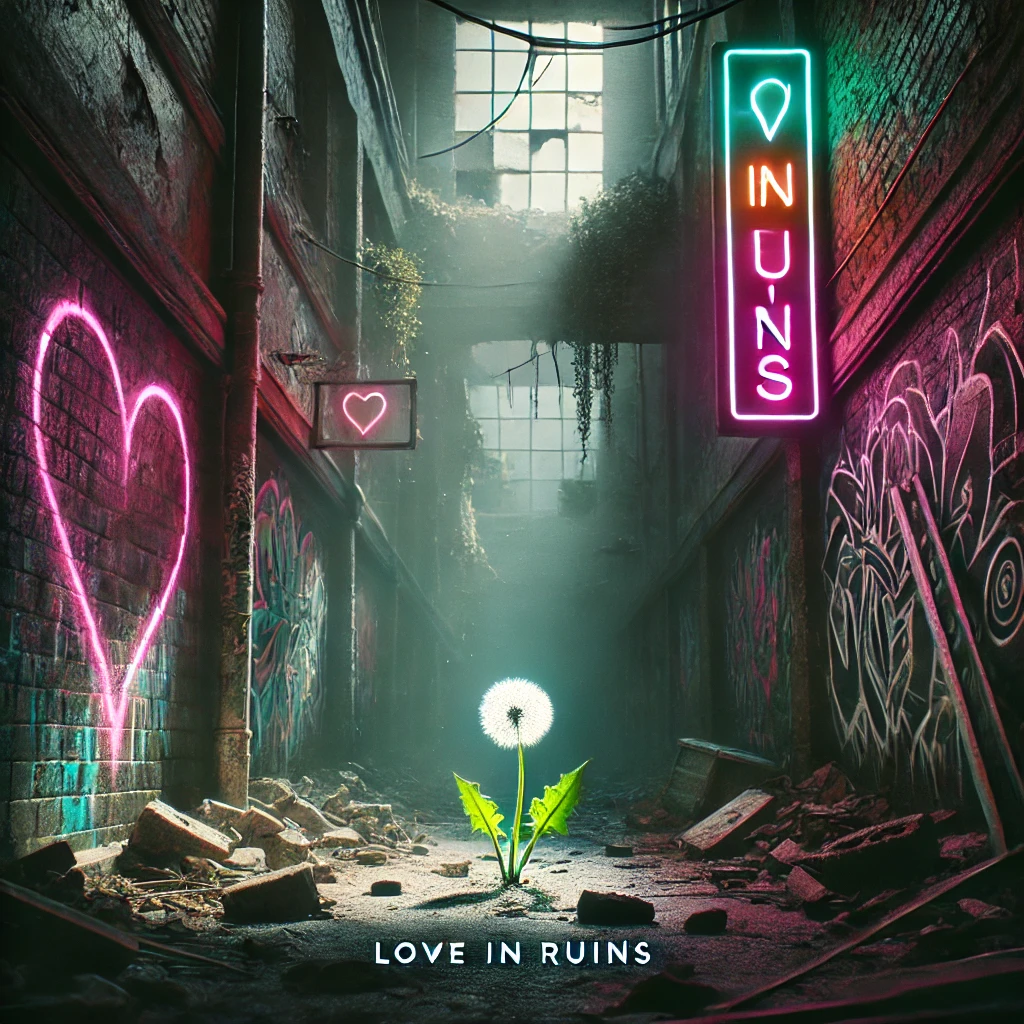 A 169 image showing a dark alleyway illuminated by broken neon signs The walls are covered in graffiti hearts and crumbling murals At the far end of the alley a dandelion grows from the cracks in the concrete symbolizing hope amidst destruction The typography is soft and handwritten reading Love in Ruins placed at the top The color palette is a mix of muted dark shades with flashes of neon pinks and greens while the lighting is high contrast creating deep shadows and a few bright areas around the dandelion The mood reflects resilience and hope within chaos