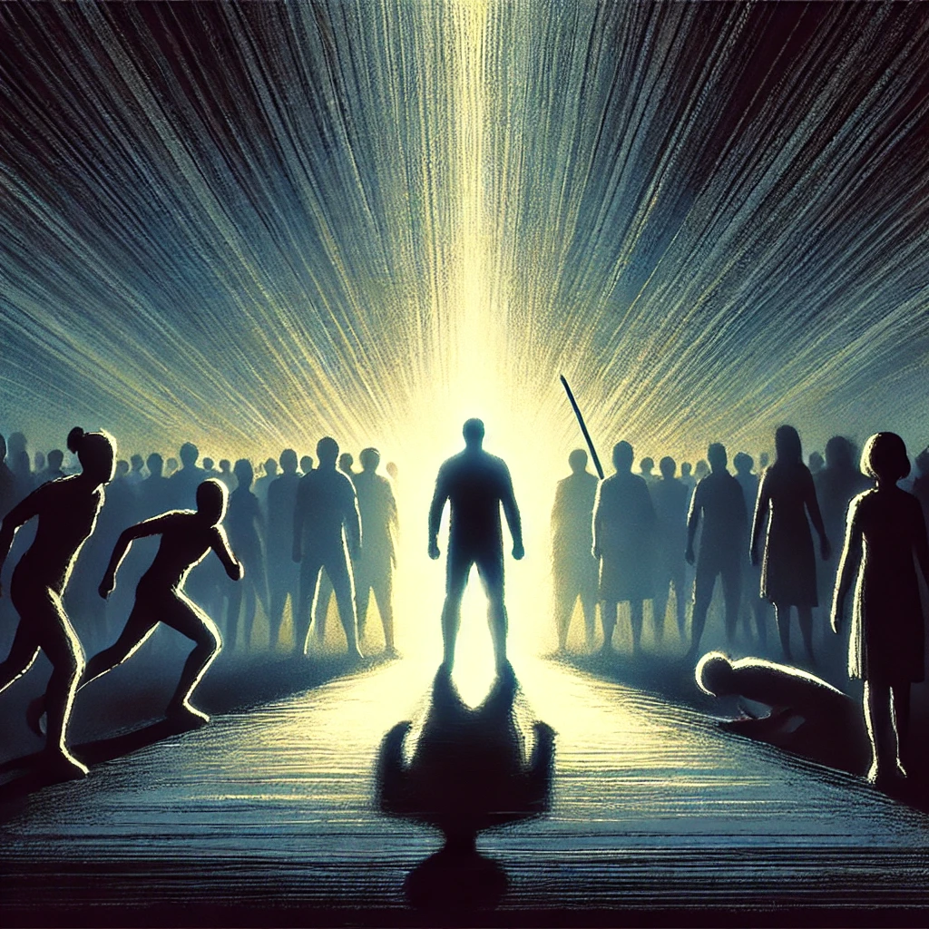 At 00122 The figure stands with resolve now surrounded by growing light symbolizing the understanding of reality and the commitment to combatting oppression The shadows are pushed further back but still present indicating that while the fight has begun the threat has not yet disappeared The light represents hope justice and the growing movement to protect the soul of society