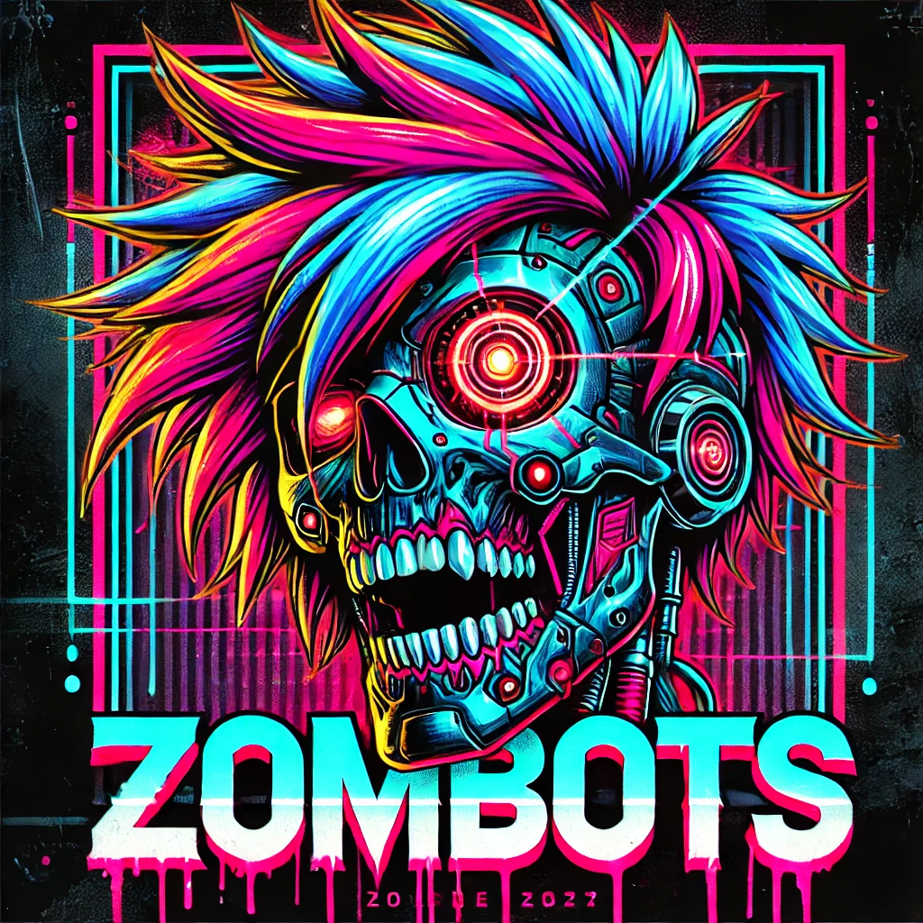 A vibrant and intense image of a neoncolored zombie bot character with a mechanical eye glowing bright red and electric colorful hair The character is set against a moody dark background with cyberpunk influences The typography at the top reads ZomBots in a futuristic font with dripping neon effects The design has a gritty postapocalyptic aesthetic with elements of decay mixed with advanced technology