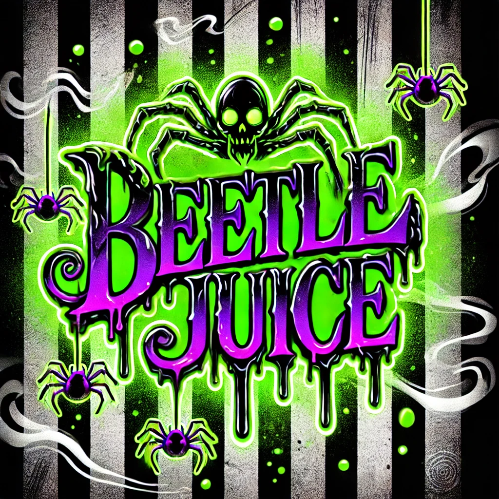 A spooky design with the text Beetlejuice written in a dripping gooey font with slime dripping from each letter The text glows in neon green with a purple glow giving it a supernatural look The background is blackandwhite stripes with faint green slime splatters between the lines and a few slime drops falling from the top Glowing silhouettes of spiders with a gradient from neon green to orange crawl across the stripes appearing radioactive Ghostly wisps and smoky swirls in the background add depth creating a haunted and eerie atmosphere