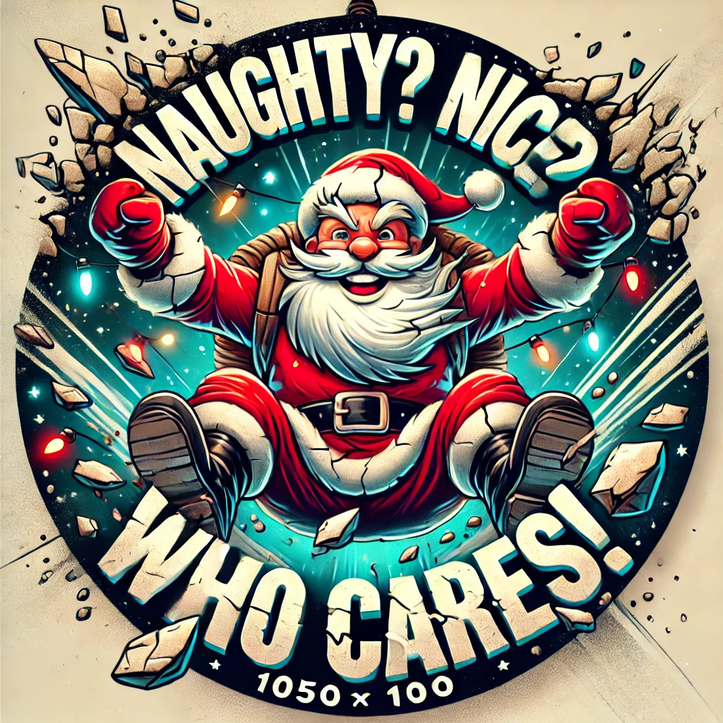 In this 1050x1050 circular ornament design on the frontfacing side Santa is humorously bursting through a rough cracked wall smiling confidently as the debris scatters around him The dynamic typography reading Naughty Nice Who Cares is creatively placed above Santas head in bold jagged letters The festive scene is full of glowing Christmas lights and swirling snowflakes but every element is carefully contained within the circular boundary ensuring a humorous and wellbalanced ornament design