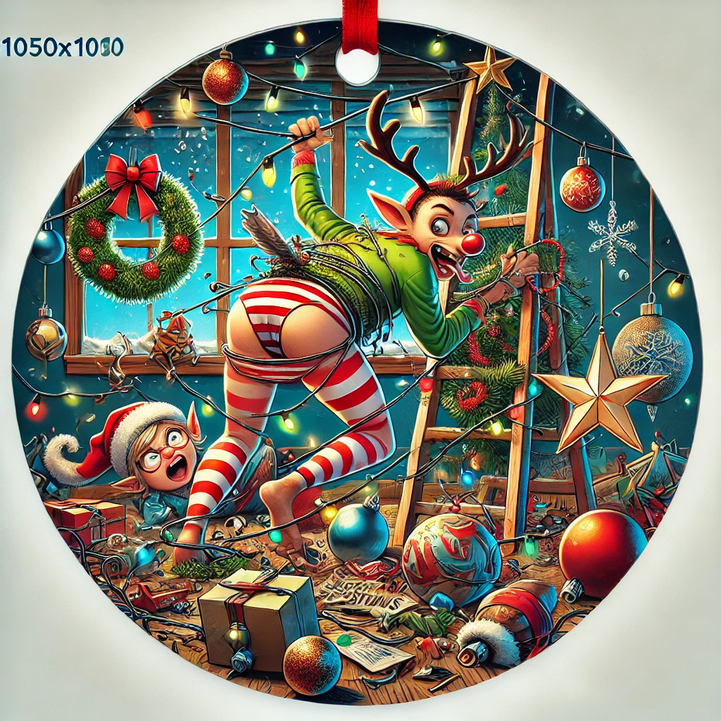 In this 1050x1050 circular ornament design the scene depicts playful adult humor while maintaining a lighthearted whimsical tone The ornament features a mischievous character involved in festive naughtiness such as an elf tangled in tinsel or a reindeer wrapped in Christmas lights The entire design is contained within the circular frame with scattered debris ornaments and festive elements all within the boundary The playful naughtiness adds a cheeky spin on holiday dcor while still remaining in the festive spirit
