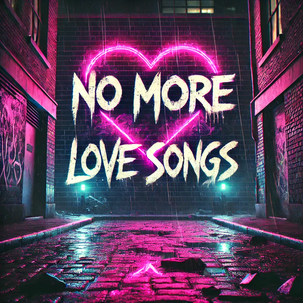 A gritty neonlit alleyway at night with a punkstyle aesthetic Bold typography reads No More Love Songs in a worn distressed font with jagged edges like its been painted on a crumbling wall The graffiti heart behind it glows with a bright pink neon hue contrasted against dark brick walls and broken pavement Rain pours down reflecting the neon lights off the ground adding to the moody rebellious atmosphere