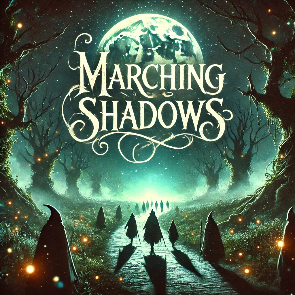 A cover image for the song titled Marching Shadows The scene is a dark enchanted forest under a full moon with shadowy figures marching along a winding path illuminated by glowing fireflies The typography for Marching Shadows should be a mystical vinelike font at the top of the image blending into the moonlit sky The lighting is soft creating an ethereal atmosphere with glowing greens and blues enhancing the magical forest environment Background shows ancient trees whispering secrets creating a haunting yet serene mood