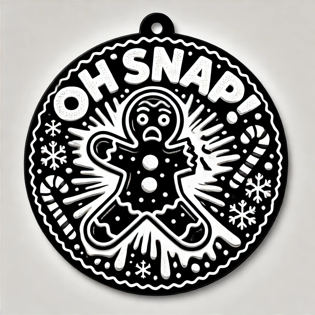 A humorous circular ornament design featuring a gingerbread man with a broken arm looking shocked and surprised as icing drips from the break The phrase Oh Snap is written above in bold playful lettering Holiday decorations like candy canes and snowflakes surround the gingerbread man all contained within the circular frame