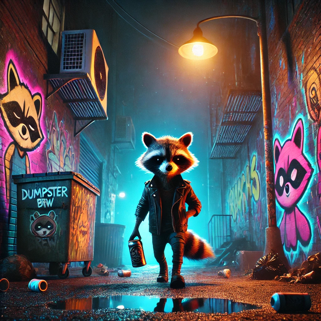A dimly lit urban alleyway filled with vibrant graffiti in neon colors and dark moody tones Trash is scattered across the cracked pavement A malfunctioning streetlight flickers casting a grungy atmosphere The raccoon protagonist wearing a leather jacket steps into the frame holding a dented can of Dumpster Brew The label on the can shows a playful raccoon mascot In the background graffiti art of raccoons and TrashCats can be seen Warm light from the fire pit contrasts with the cool blue tones of the night