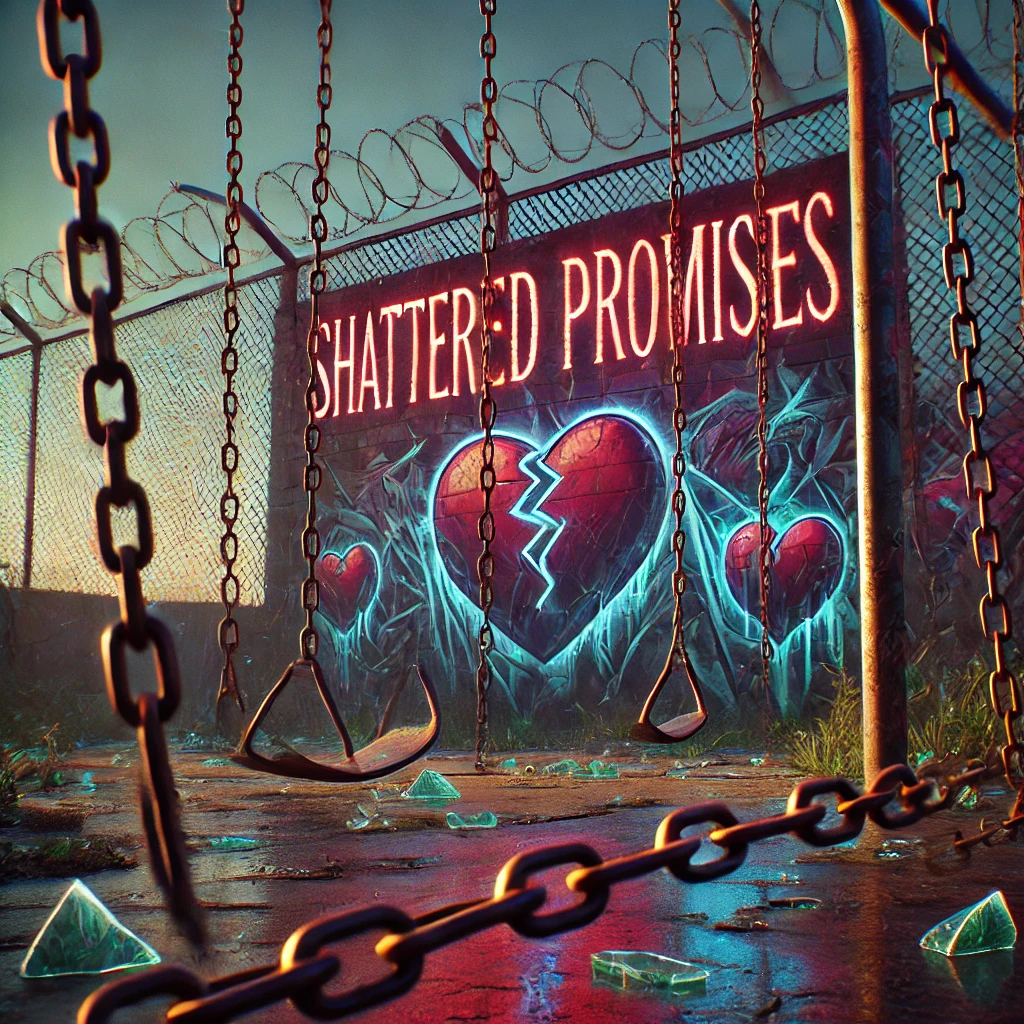 A 169 image of a barbedwire fence stretching across an abandoned playground In the foreground rusty chains hang loosely from a broken swing The fence is adorned with graffiti hearts and neonpainted vows Shattered glass reflects the fading sunlight The typography in a bold serif font is embedded in the scene reading Shattered Promises The color scheme is a mix of dark earthy tones with vibrant reds and blues from the graffiti and neon lights The lighting is low casting long shadows that create a sense of foreboding The mood conveys broken dreams and bittersweet memories