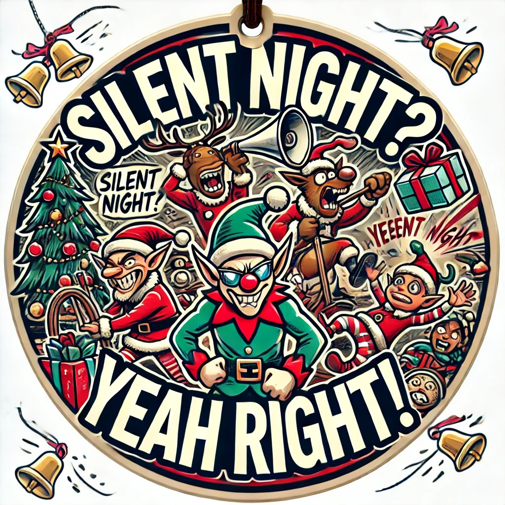 A humorous circular ornament design featuring a group of noisy holiday characters like elves and reindeer causing chaos Presents are flying around bells are ringing and the scene is lively The phrase Silent Night Yeah Right is written in fun lively typography The design is energetic and festive fully contained within the circular frame