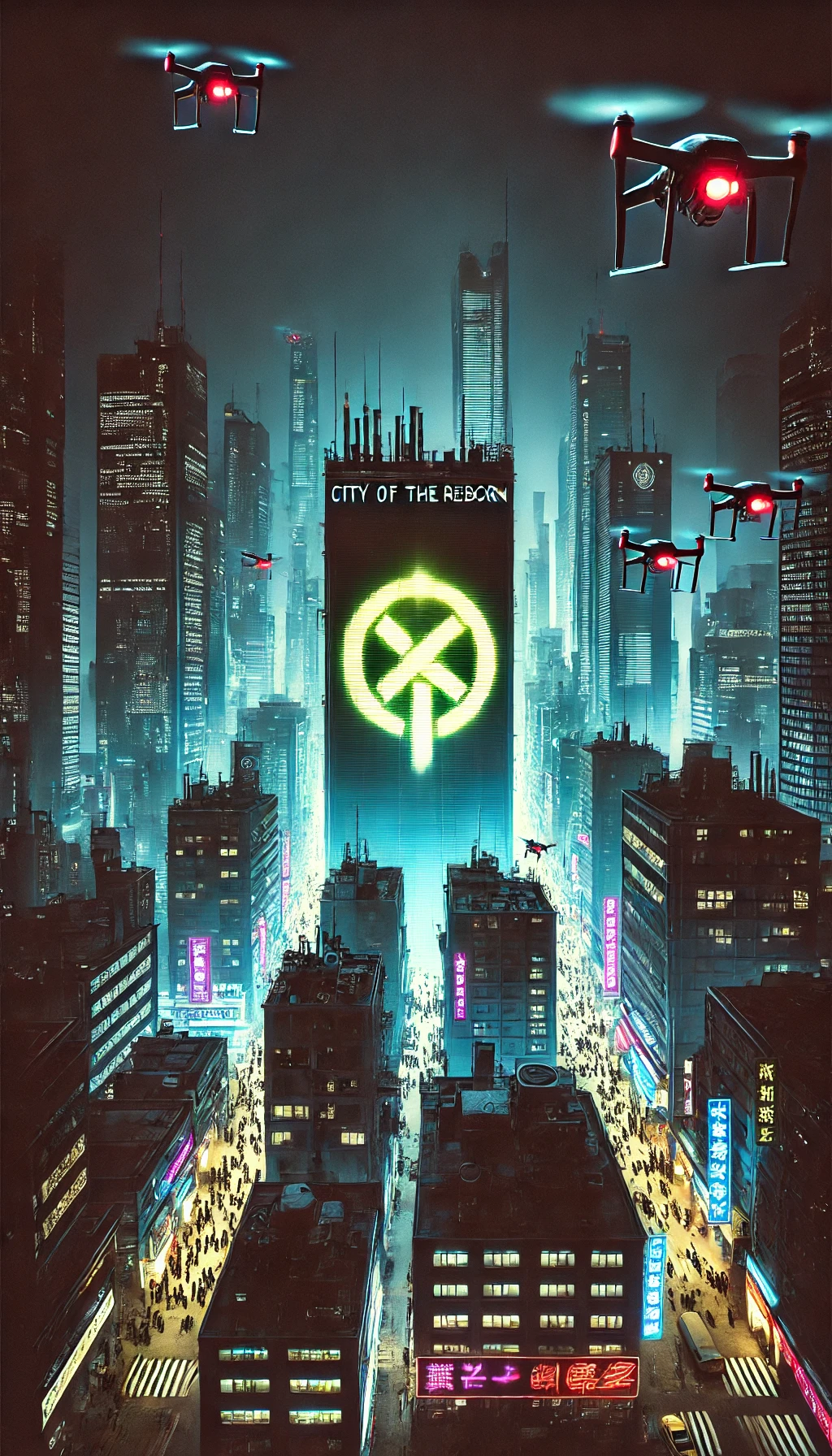 A 916 image of a towering futuristic cityscape where skyscrapers are illuminated by bright neon signs The streets below are cluttered with people blending into the shadows while drones fly above At the center a glowing symbol of rebellion is spraypainted across one of the buildings The typography in bold clean fonts reads City of the Reborn at the bottom of the image The lighting is a mixture of harsh neon lights and soft streetlevel shadows The color palette consists of dark blues blacks with vibrant neon greens and purples representing a future on the brink of change