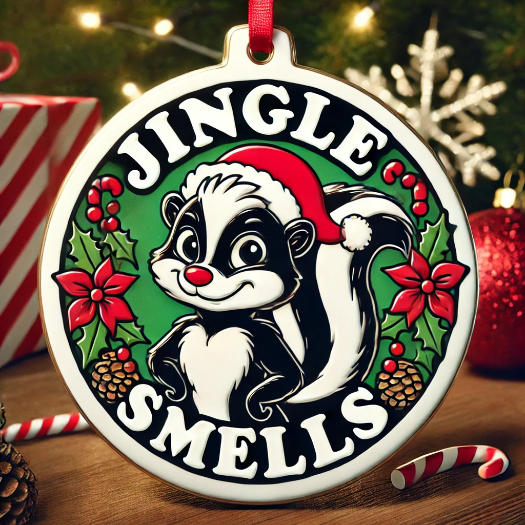 A funny circular ornament design featuring a mischievous skunk wearing a Christmas hat surrounded by holiday decorations The phrase Jingle Smells is written above in playful font The scene is humorous and festive fully contained within the circular frame