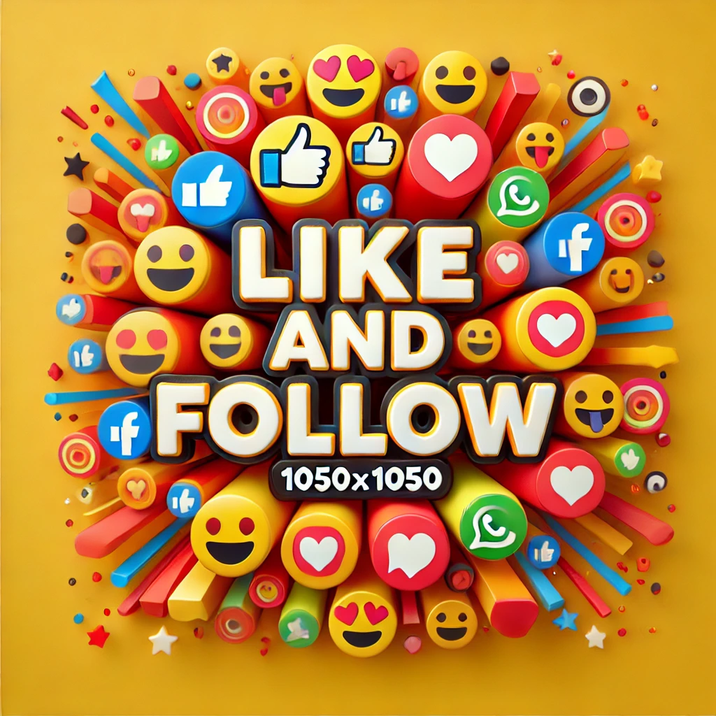 Create a third 1050x1050 3D design featuring the phrase Like and Follow but this time integrate elements of emojis like smiley faces and thumbs up bursting through the wall The text should be bold and lively with a mix of fun icons scattered around all breaking through a colorful background Keep the circular featured section in the center with an energetic and vibrant vibe using a combination of warm colors like yellow red and orange