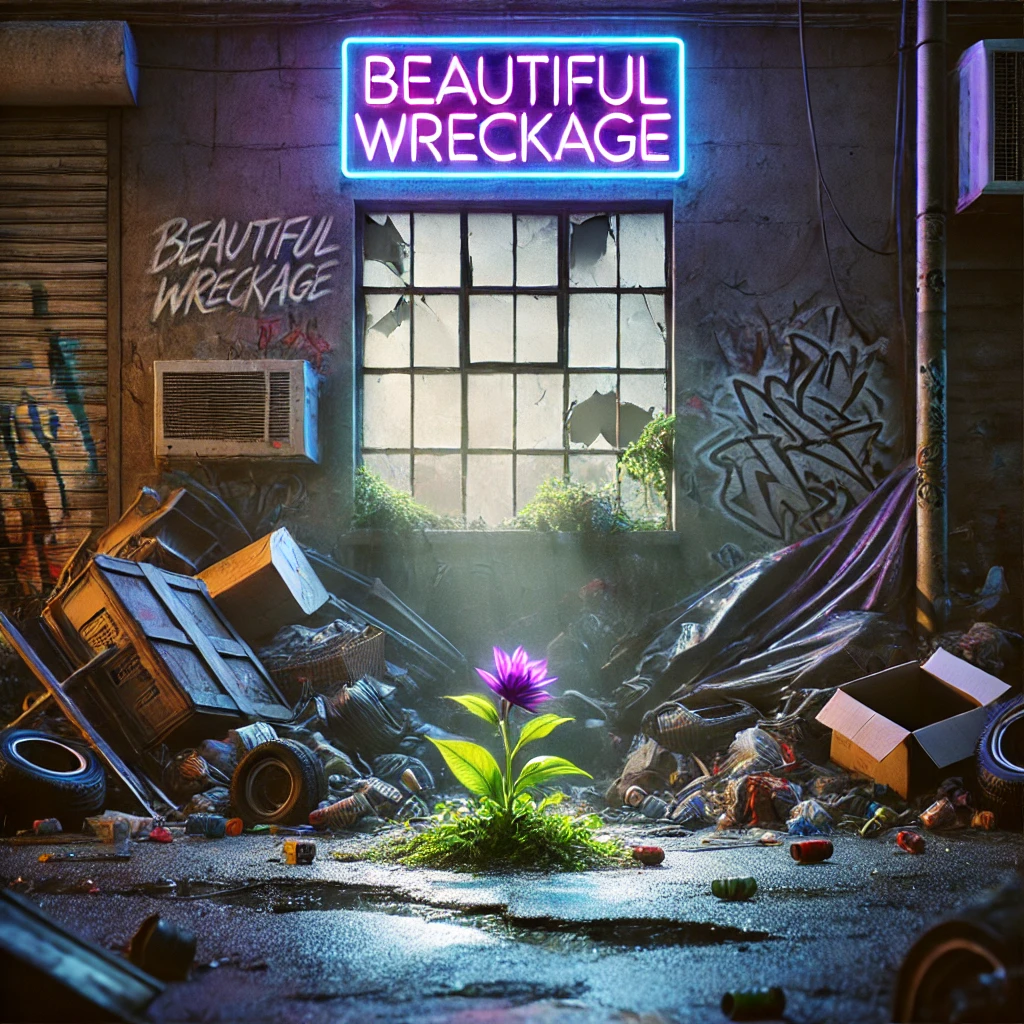 A 169 image of a cluttered street corner with piles of discarded items and graffiticovered walls A single neon light flickers above a window with shattered glass casting a glow on the scene In the middle of the street a small flower blooms from the cracks in the pavement symbolizing beauty in chaos The typography in an edgy and broken font reads Beautiful Wreckage The color palette features muted grays purples and blues contrasted with bright neon accents Lighting is dramatic with stark contrasts between light and shadow The mood reflects resilience and finding beauty in destruction