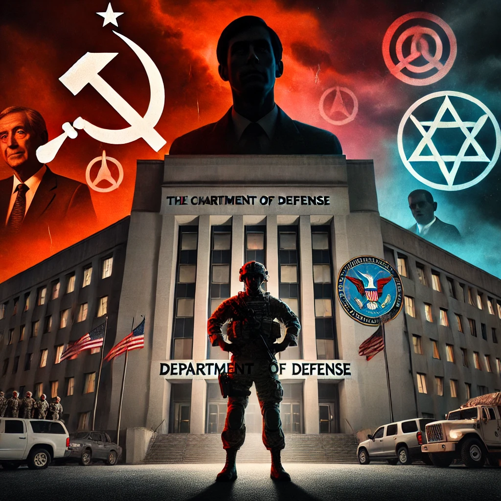 A dramatic scene showing the Department of Defense building standing tall with dark clouds looming overhead Leftist political symbols clash with military insignia in the sky above creating a tense atmosphere In the foreground a soldier stands firm looking forward with determination Shadows of bureaucratic figures loom large behind him symbolizing the political challenges undermining military readiness The lighting is dark and moody with stark contrasts between the soldiers illuminated face and the shadows behind him The sky has an ominous redtinted glow The text The Challenge of Defense appears at the top of the image in a bold authoritative font with subtle cracks running through the letters as though under pressure