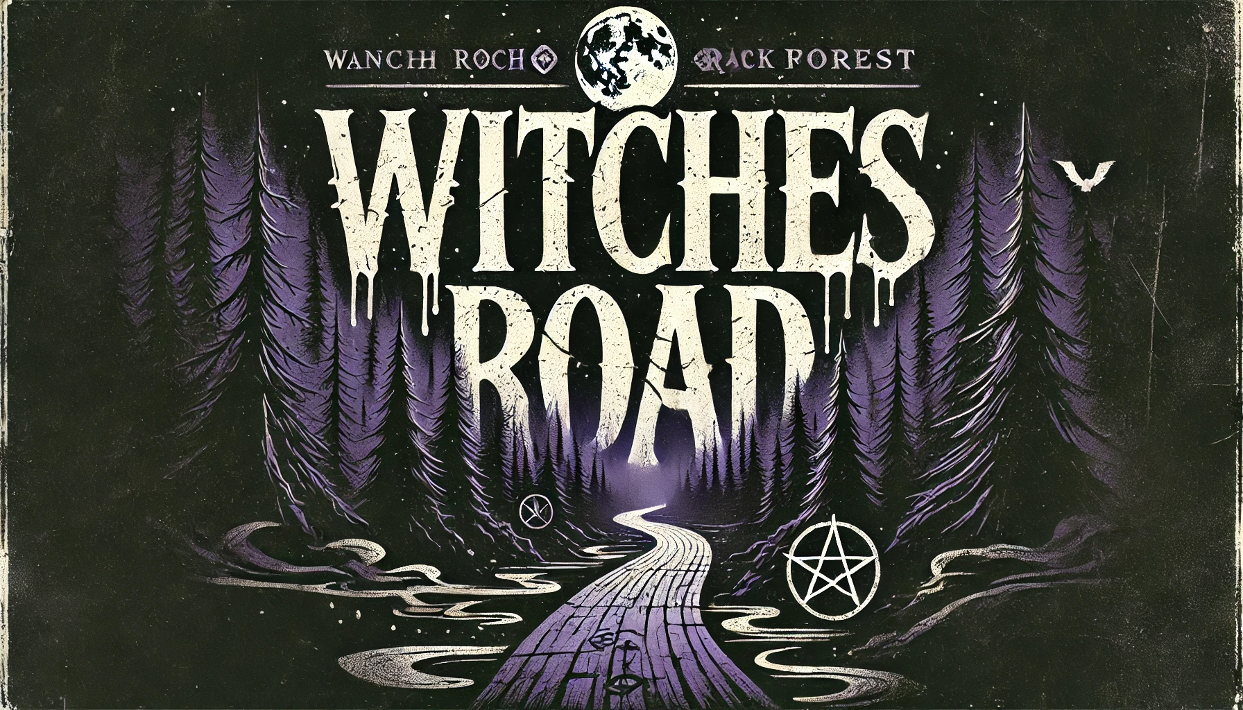 An eerie dark road winding through a thick forest lit by moonlight The road is ancient cracked with mystical symbols drawn on it In the shadows faint silhouettes of witches can be seen and mist swirls around the ground The typography for the title Witches Road is bold grungy and scratched placed across the top dripping like black ink The overall color scheme is muted with deep purples blacks and dark greys highlighting the mystical and foreboding mood of the image The font should look like it was carved into stone or old wood