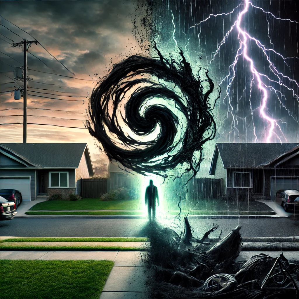 A transition scene where the dark shadow continues to grow over the suburban neighborhood The scene is darker now with twisted symbols and shadowy figures becoming more visible in the background The once vibrant colors have almost fully faded leaving behind an ominous and foreboding atmosphere Lightning strikes in the distance further emphasizing the tension and danger approaching