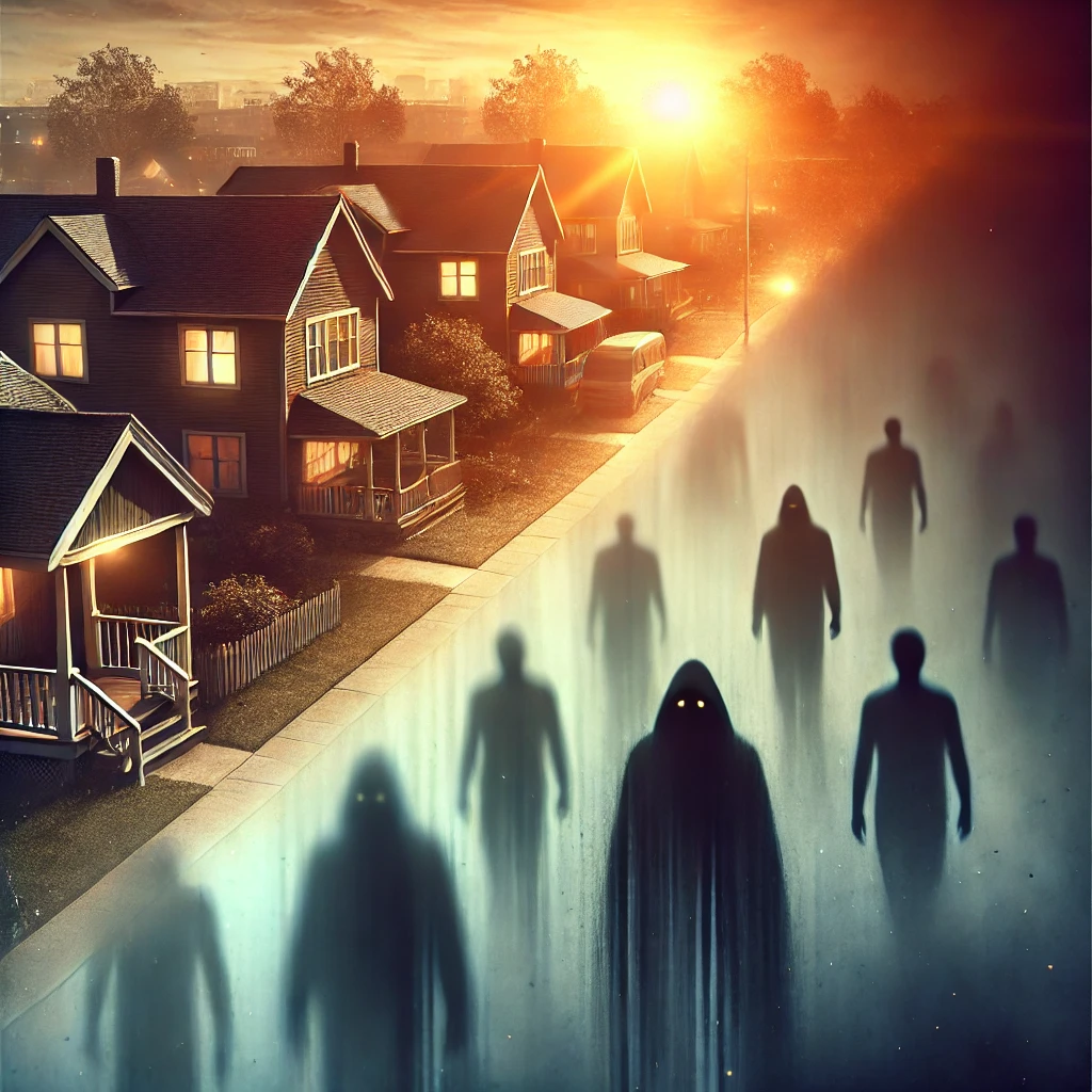 A transition image where the shadows are growing larger consuming more of the peaceful suburban neighborhood The edges become darker with ominous shadowy figures barely visible in the fog as they step closer to the foreground representing the impending threat The lighting dims significantly and the warmth fades with the darkness gradually taking over