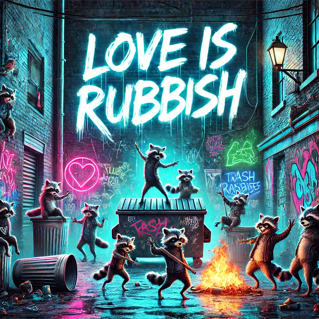 A creative variation of a dark urban alley with neon signs graffiti and TrashCats raccoons The neon sign still reads Love is RuBBish in bold distressed typography but the scene has a more chaotic and vibrant feel Trash cans are knocked over the graffiti is more elaborate and the raccoons are now more dynamic dancing around the dumpster fire with wild energy Some raccoons are playing instruments and the scene glows with a mix of bright neon blues pinks and greens making the whole alley feel alive and rebellious